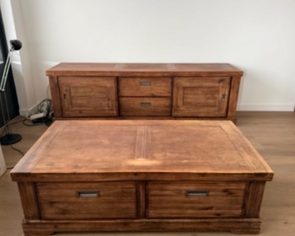 Complete set: TV-meubel, salontafel en wandkast, Ophalen, Gebruikt, 150 tot 200 cm, 25 tot 50 cm