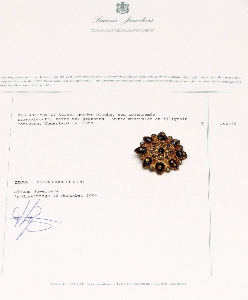 Granaat 14k gouden ster broche antiek Friesland certificaat, Ophalen of Verzenden, Goud, Broche, Met edelsteen