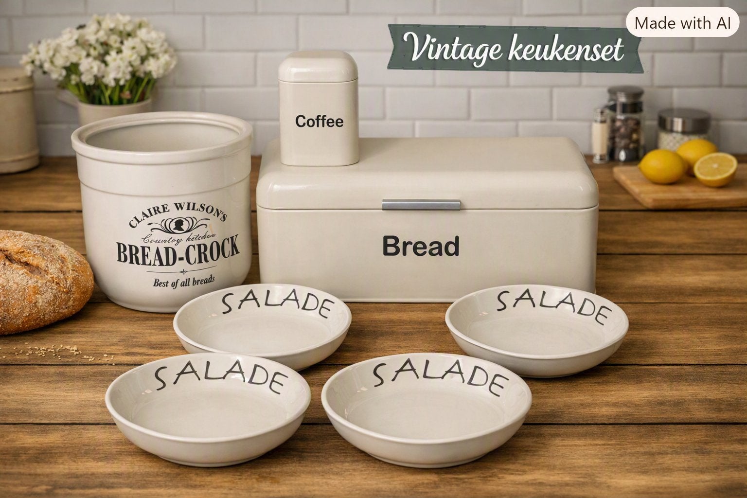 Vintage Keukenset: Broodtrommel, Koffiepot, Broodpot, Salade, Huis en Inrichting, Gebruikt, Metaal, Broodtrommel, Overige merken