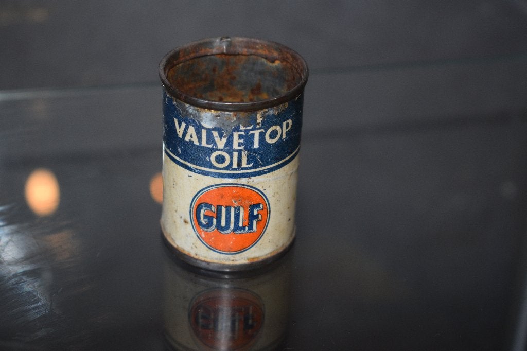 oud klein Gulf olie blik Oil Can 1930 valve top, Ophalen of Verzenden, Gebruikt, Reclamebord