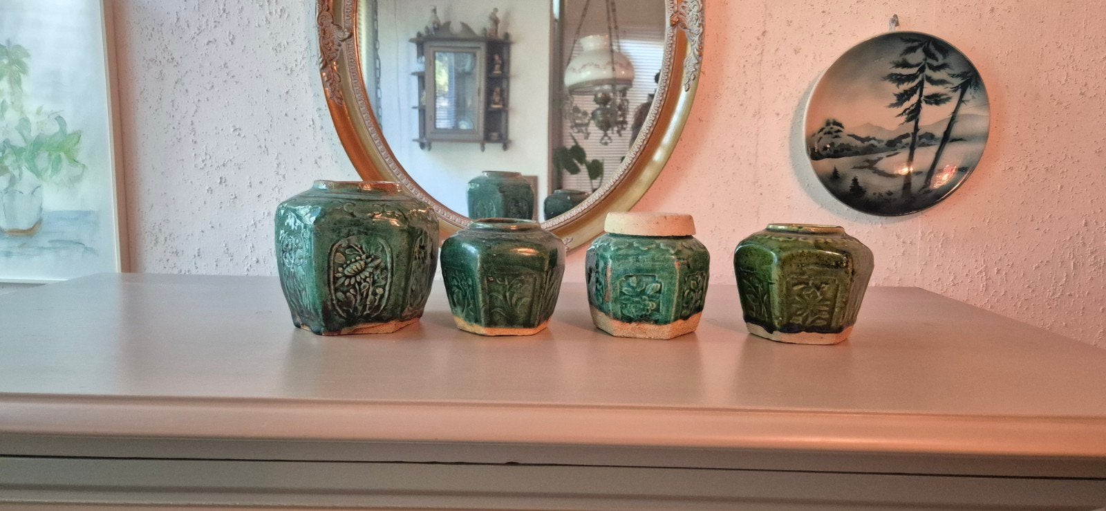Set van 4 antieke Chinese gemberpotten, groen geglazuurd, Antiek en Kunst, Ophalen