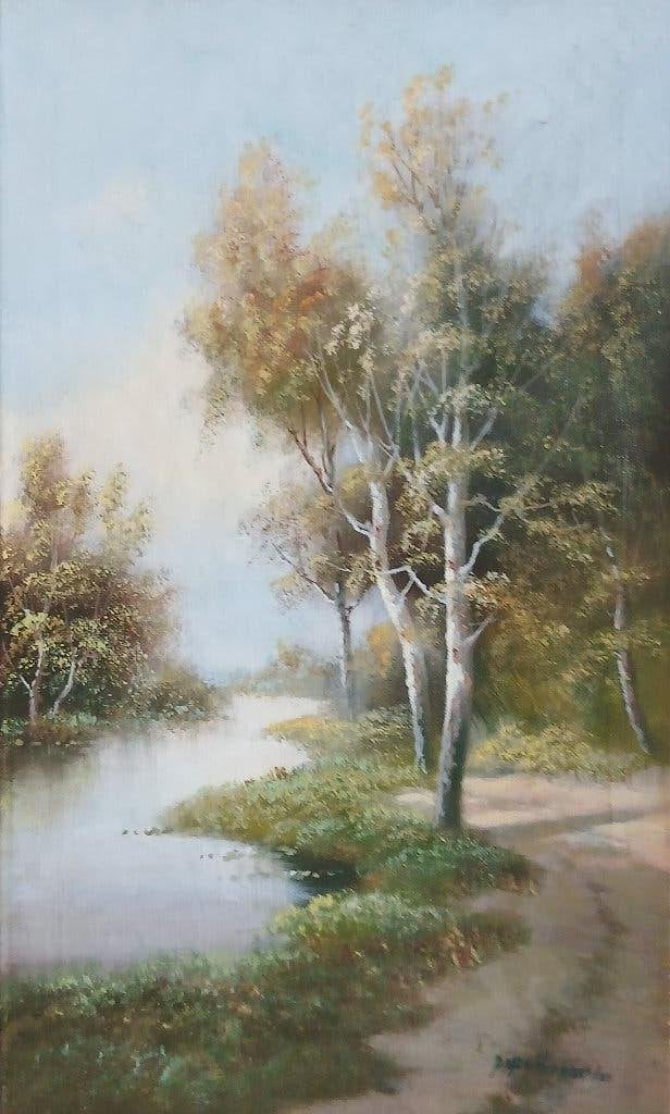 P.M.F. van Herwaarden - Rivier, Doek, Ophalen of Verzenden, Landschap, Olieverf