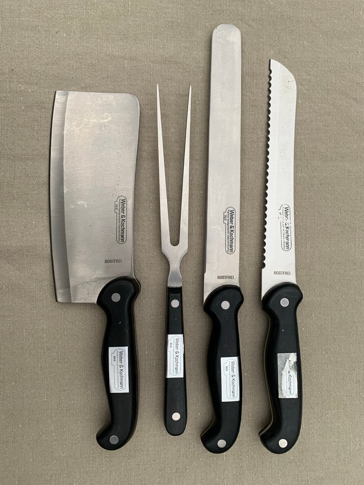 Weber & Kochmann Messenset - Hakmes, Vleesvork, Snijmessen, Gebruikt, Los bestek, Ophalen of Verzenden, Rvs of Chroom