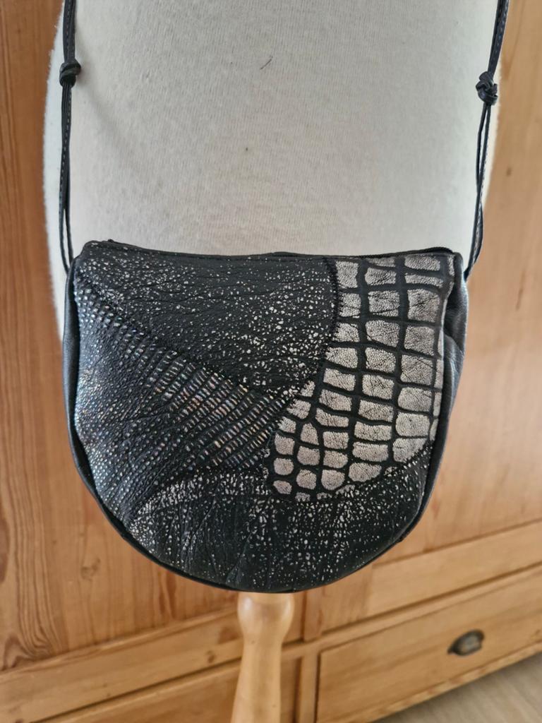 Vintage jaren '80 zwart leren tasje zilver details zgan, Overige merken, Zwart, Ophalen of Verzenden, Zo goed als nieuw