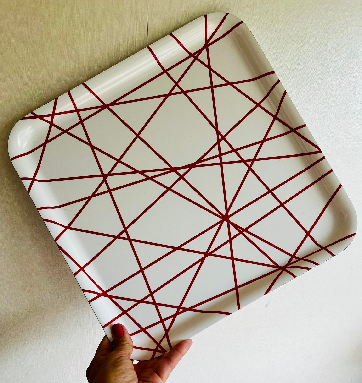 Vintage Zweeds Ikea Dienblad Wit Grafisch Rode Lijnen 80’s, Ophalen of Verzenden, Zo goed als nieuw, Vierkant, Kunststof