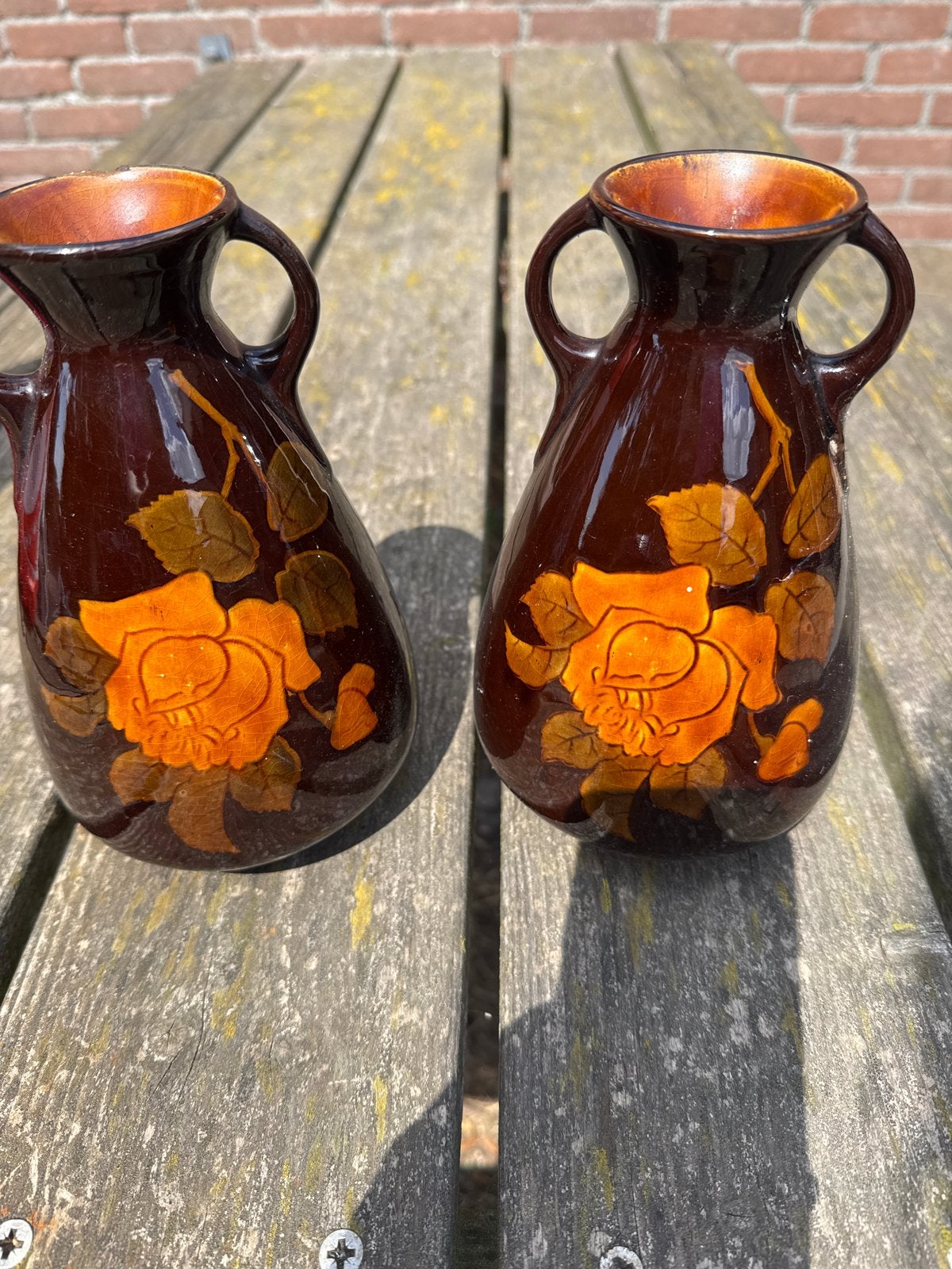 Set van 2 vintage bruine vazen met bloemmotief, Ophalen of Verzenden