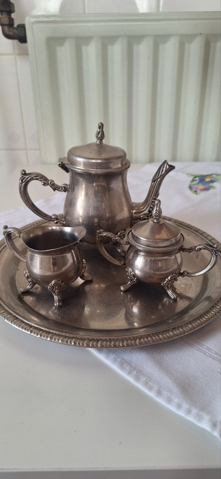 Antiek verzilverd theeservies met dienblad, Antiek en Kunst, Ophalen