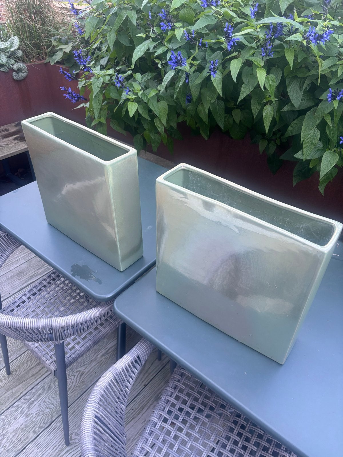 Set van 2 rechthoekige vazen - Lichtgroen keramiek, Huis en Inrichting, Ophalen, Geschikt voor buiten, Zo goed als nieuw, Steen/keramiek