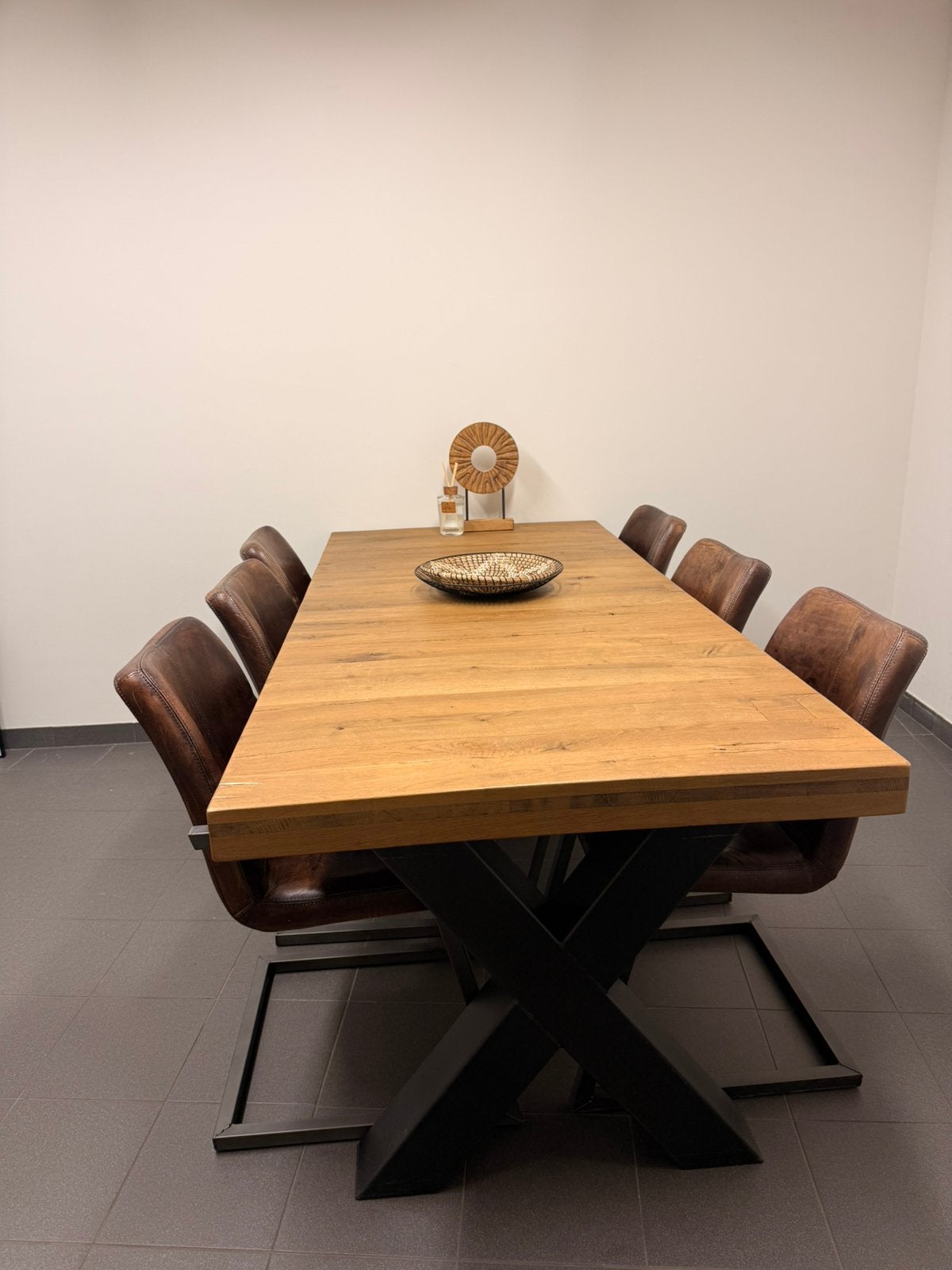 Tafel met 6 leren stoelen, Huis en Inrichting, Ophalen, Gebruikt, 200 cm of meer, 50 tot 100 cm