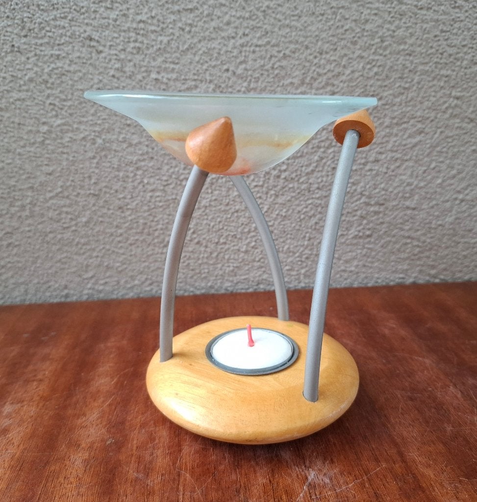 Vintage ('80) Memphis style geurolie brander hout met glas, Ophalen of Verzenden, Huis en Inrichting