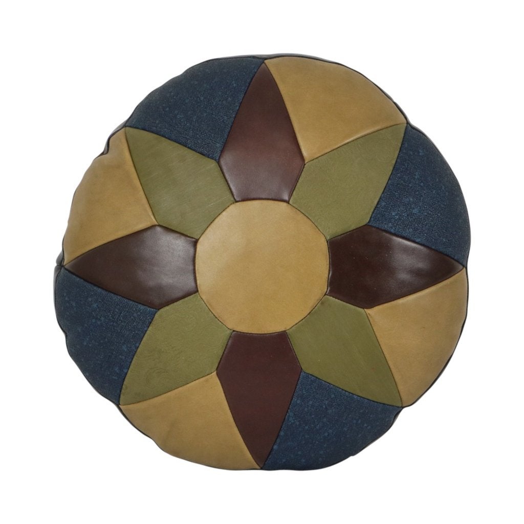 Vintage Rond Patchwork Kussen Dubbelzijdig Skai Kunstleer, Gebruikt, Meerkleurig, Rond, Ophalen of Verzenden