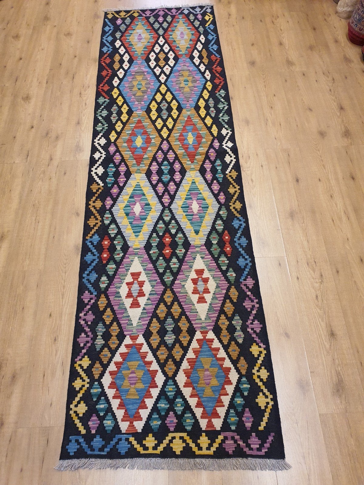 Handgeweven oosterse wollen kelim loper 305x85, Info@SlatsAntiek.nl, Vof Slats Antiek, Kelim, Geel