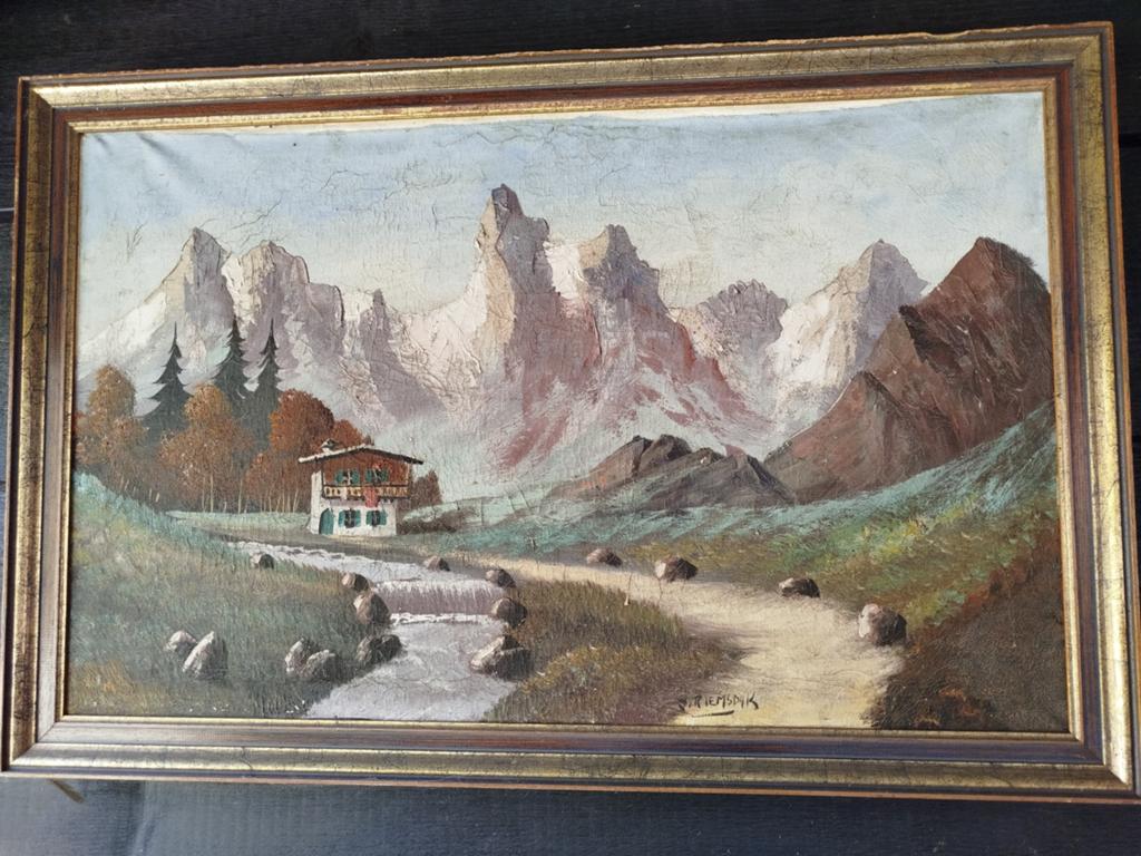 Schilderij berglandschap met huisje en rivier 85x55 cm, Ophalen