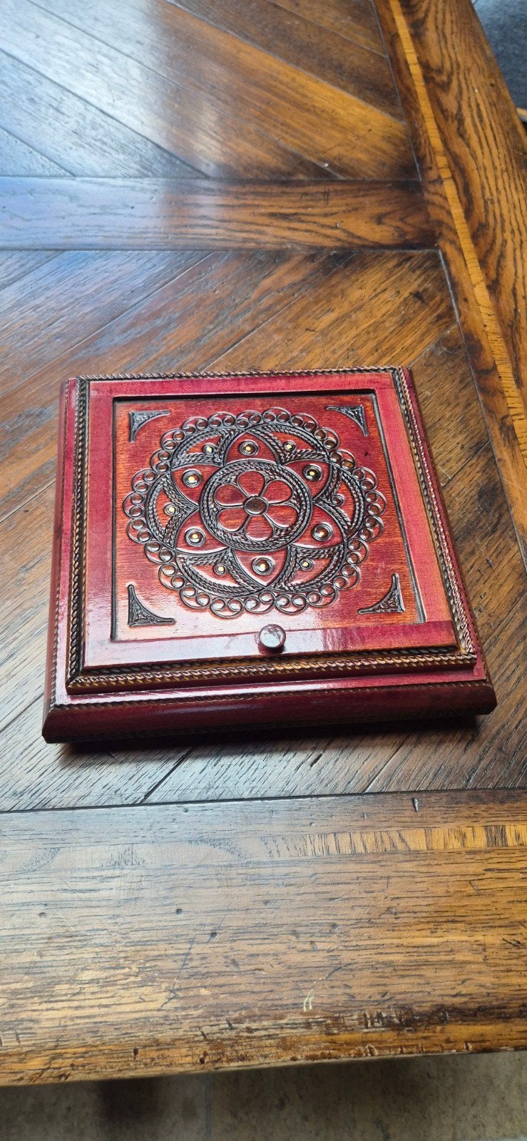 Poolse Houten Sieradendoos 20x20 cm met Spiegel, Gebruikt, Bruin, Ophalen of Verzenden, Met spiegeltje(s)