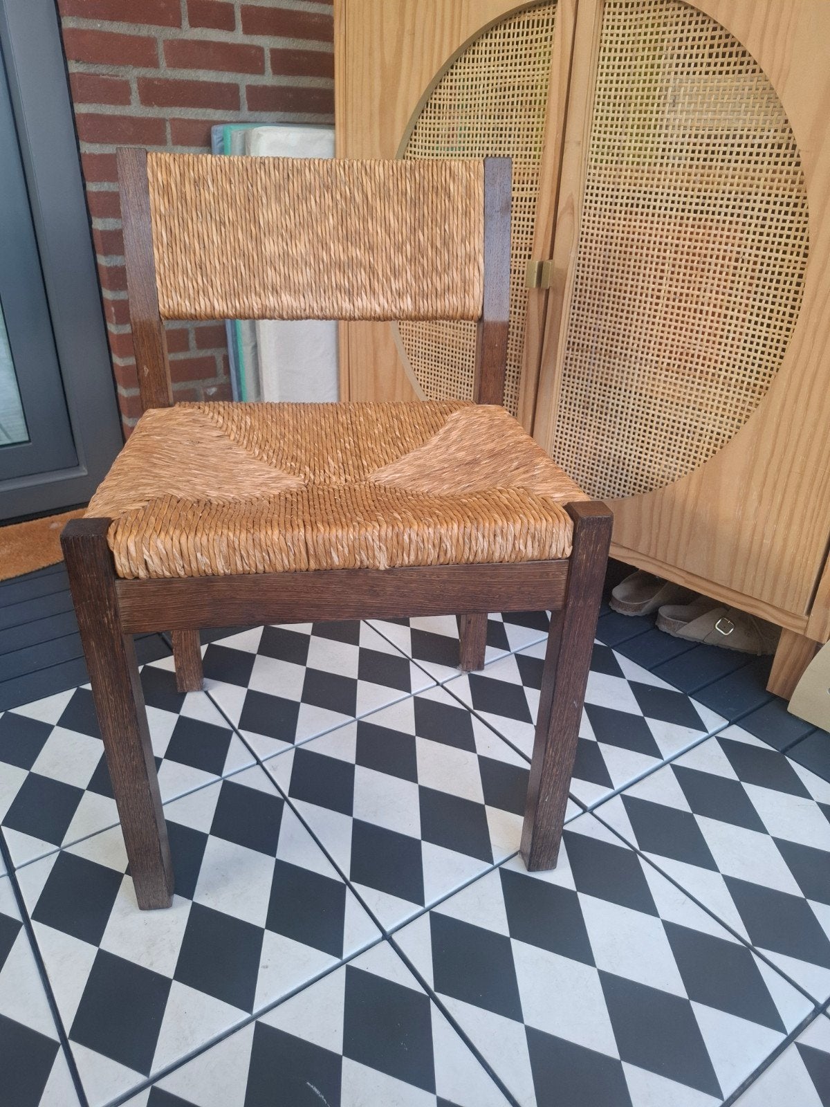 4 Vintage houten eetkamerstoelen met rieten zitting, Huis en Inrichting, Stoelen, Ophalen, Gebruikt, Bruin