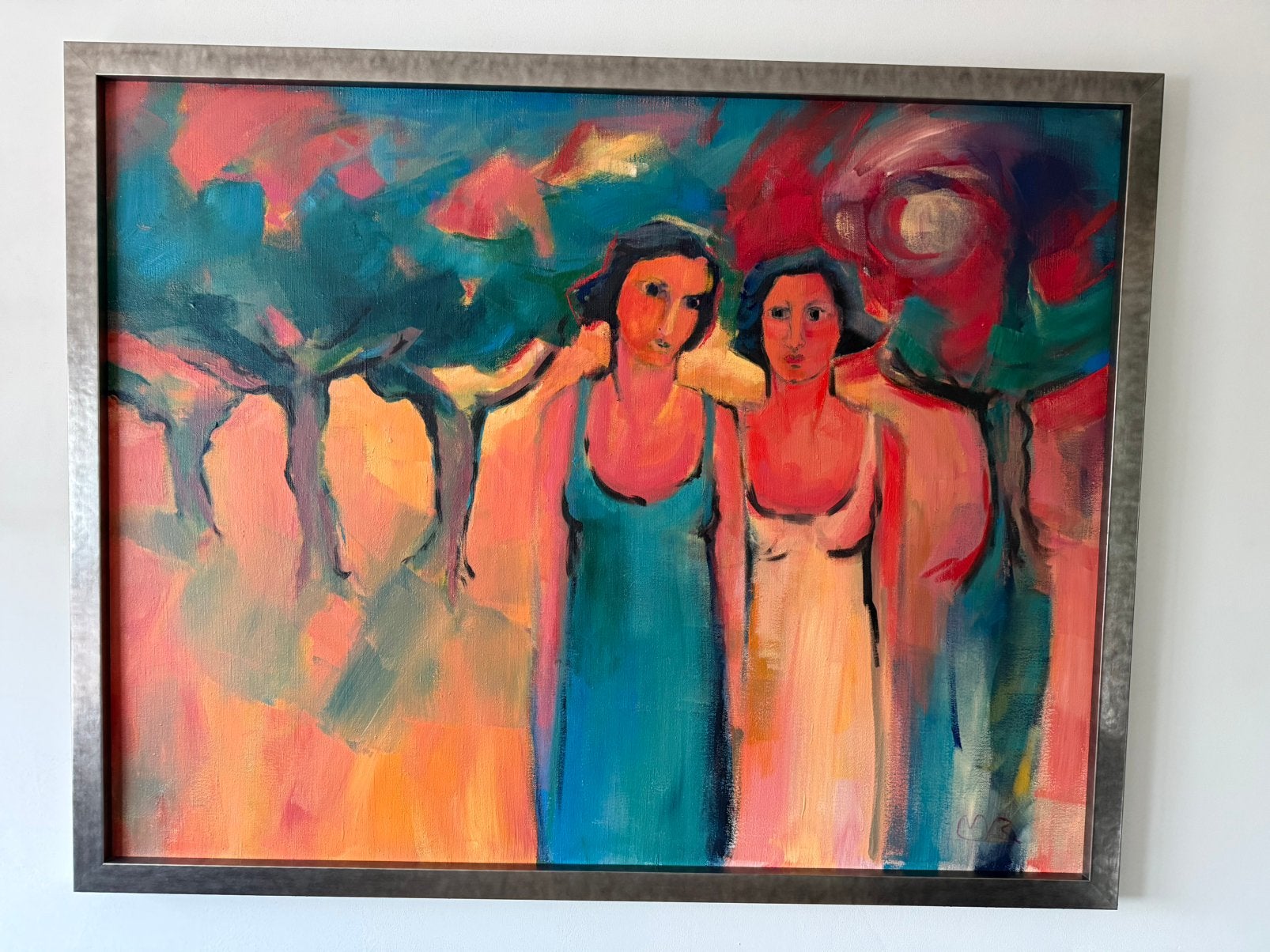 Groot kleurrijk schilderij met lijst, Antiek en Kunst, Ophalen, Gesigneerd, Overig onderwerp, Olieverf