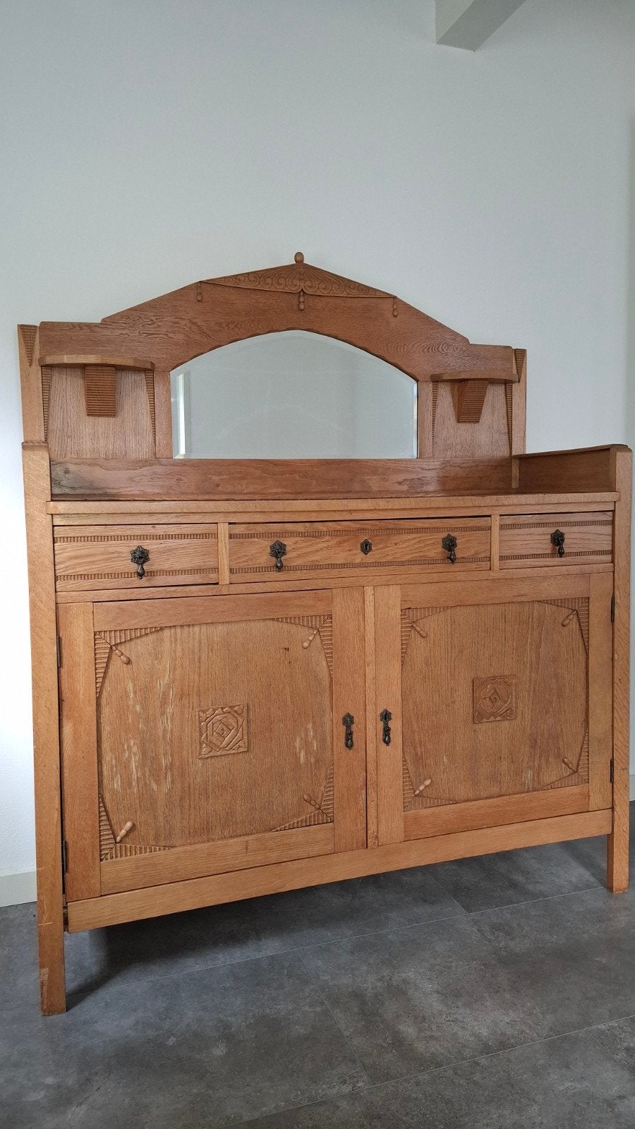 Antiek Eiken Dressoir met Spiegel - Art Deco Stijl, Antiek en Kunst, Ophalen