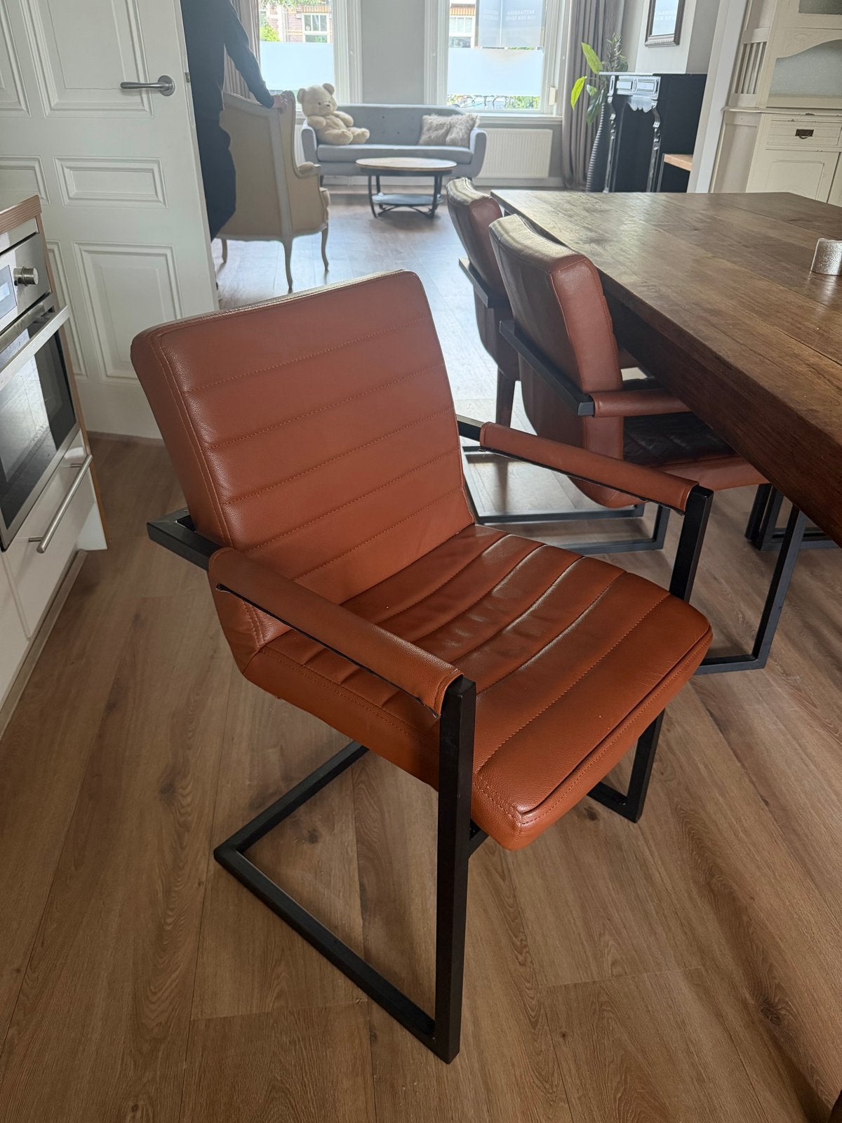 6x Leren eetkamerstoelen met armleuning - Cognac, Huis en Inrichting, Ophalen, Gebruikt, Bruin, Leer