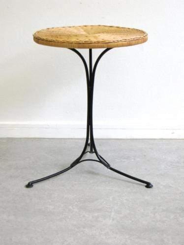 Bistrotafel riet zwart metalen onderstel bijzettafel, Overige materialen, Minder dan 55 cm, Rond, Ophalen