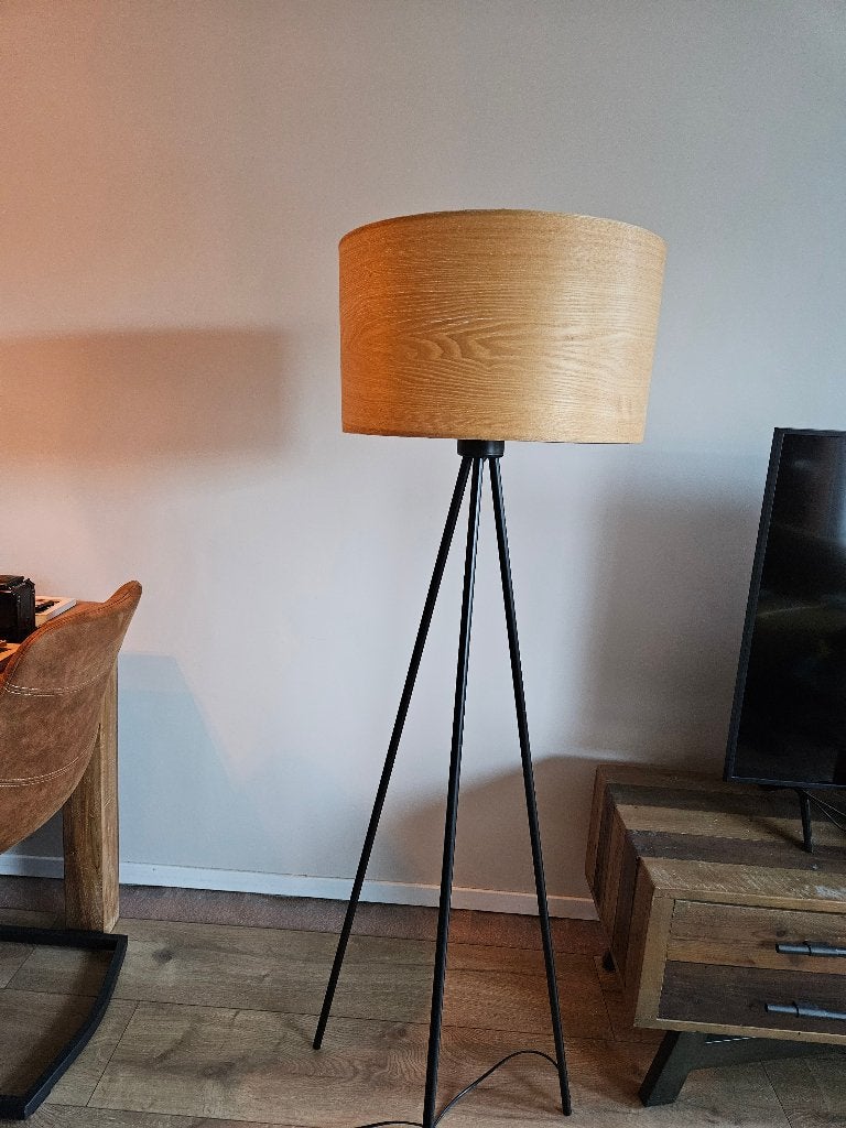 Vloerlamp Dutchbone met houten kap, Ophalen, Gebruikt, E27 (groot), 150 tot 200 cm