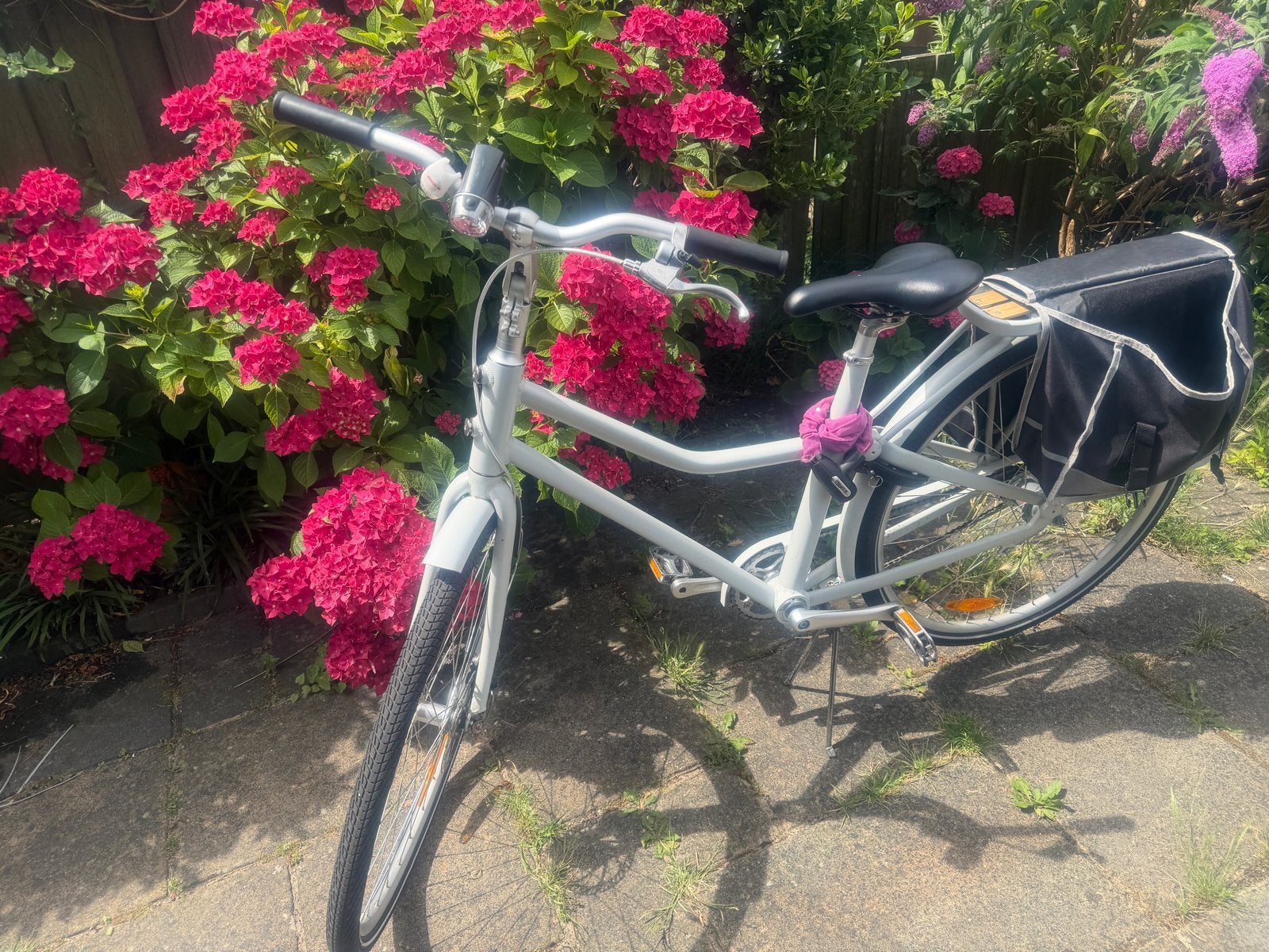 Witte damesfiets met lage instap en fietstassen, Velgrem, 50 tot 53 cm, Ophalen, Overige merken