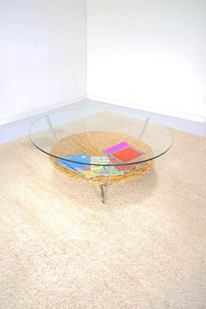 Salontafel (glas, chrome, rotan, rond), Huis en Inrichting, Tafels | Salontafels, Ophalen, Modern, mid century, bauhaus, Rond