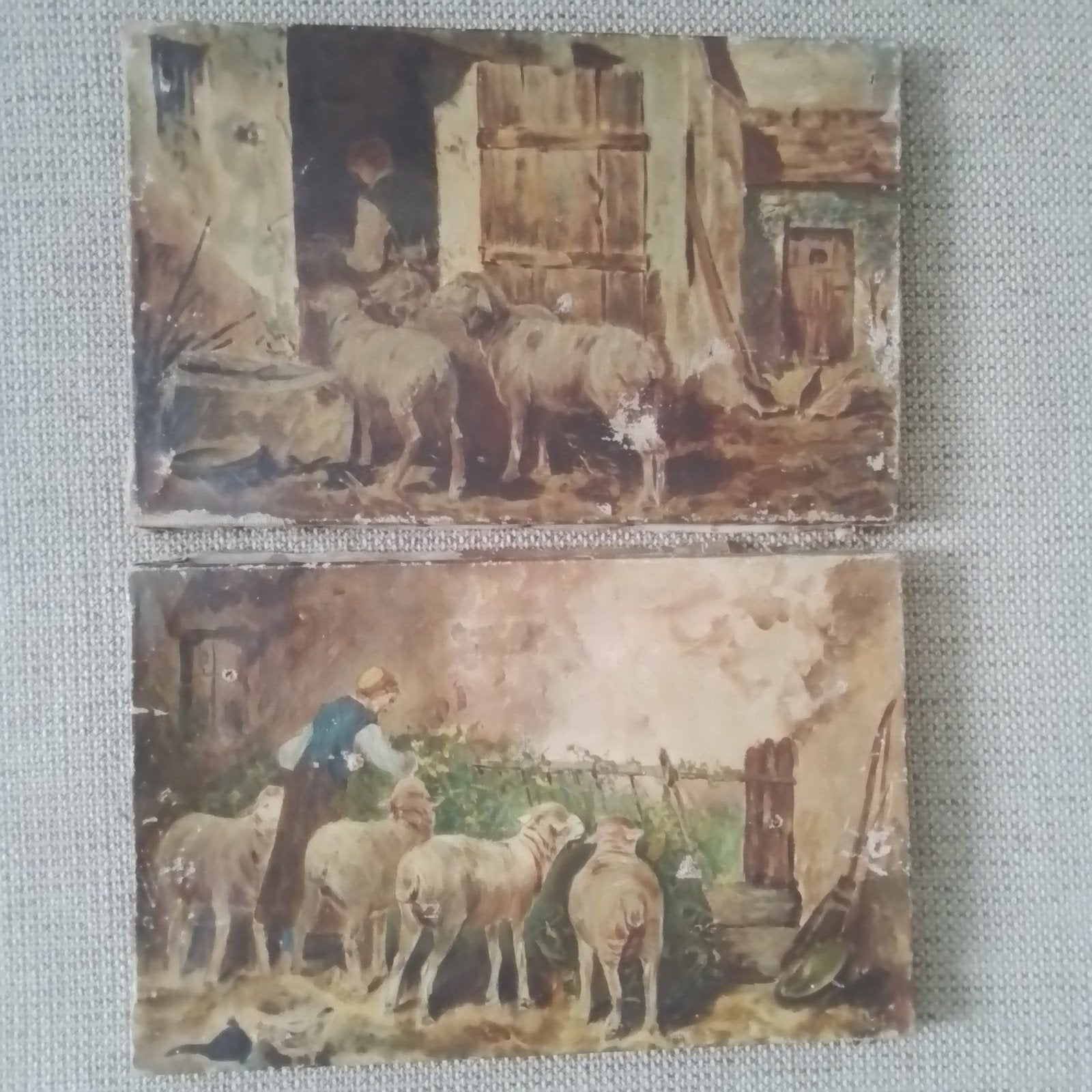 2 oude brocante olie schilderijtjes, boerenerf met schapen, Ophalen of Verzenden