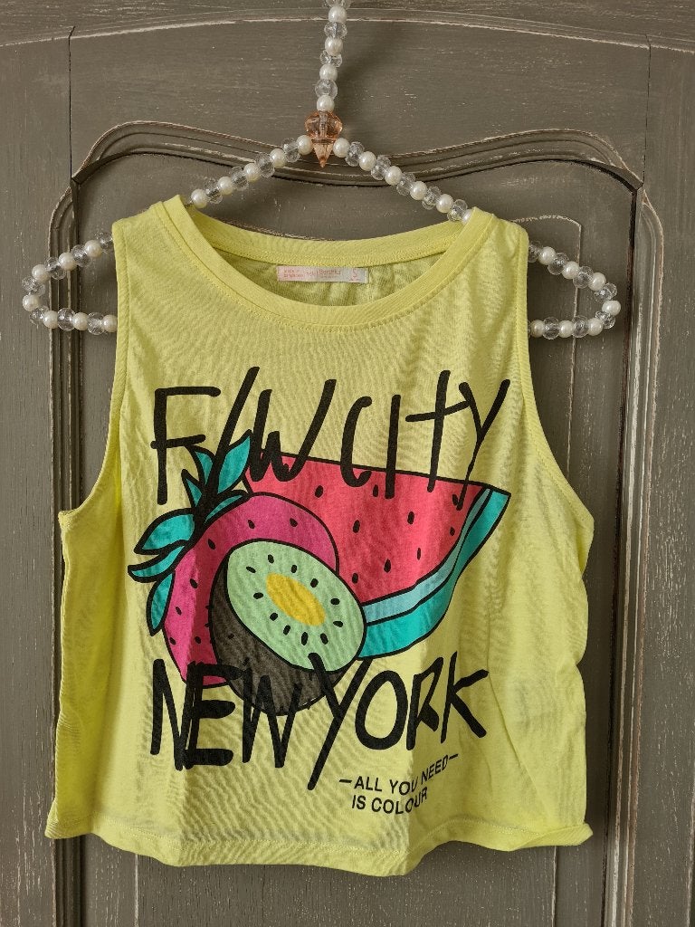 Gele crop top met print vd Berschka mt s, Kleding | Dames, Geel, Gedragen, Bershka, Ophalen of Verzenden