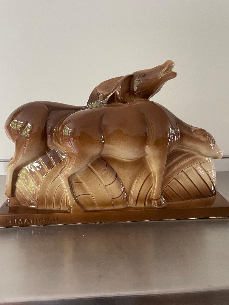 Lemanceau groot beeld sculptuur herten Art Deco, Geglazuurd, Art deco, Ophalen of Verzenden, Zoogdier