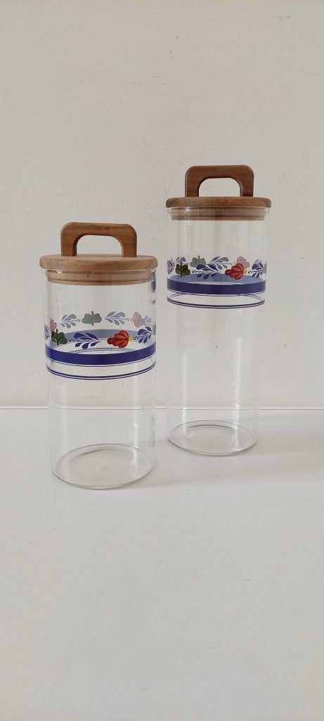Vintage Boerenbont glazen voorraad pot potten 19.5 & 24.5 cm, Huis en Inrichting, Keuken | Potten en Pannen, Eu, Pot, Bus of Blik