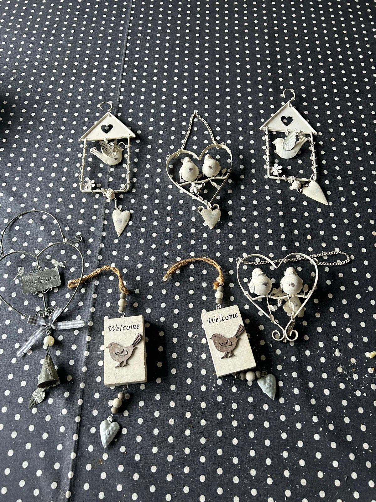 Decoratieve hangers met vogels en hartjes - 6 stuks, Ophalen of Verzenden, Metaal, Wit, Landelijk