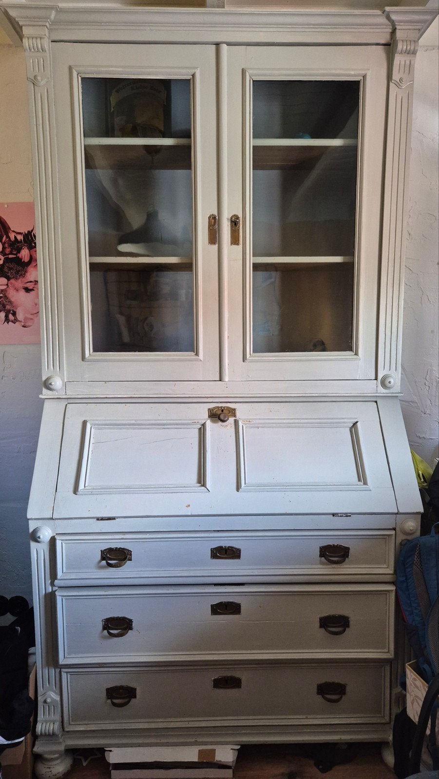 Antiek secretaire met vitrinekast - Grijs, Antiek en Kunst, Ophalen