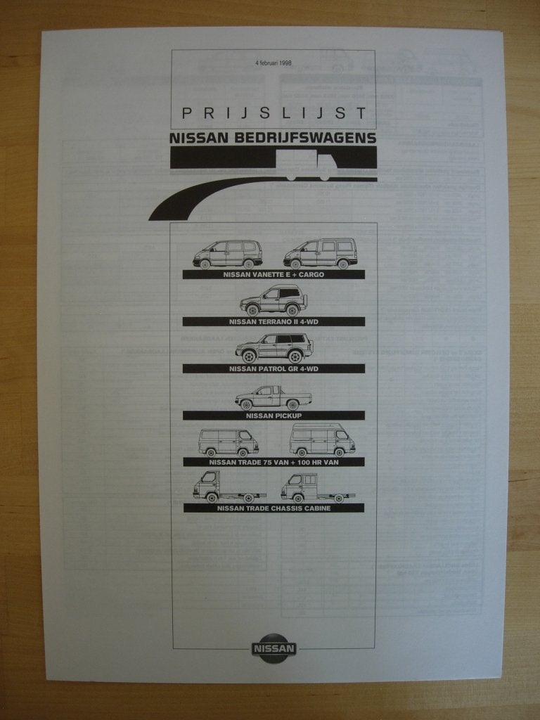 Nissan Prijslijst Brochure 1998 Patrol Pickup Terrano Vanett, Ophalen of Verzenden, Zo goed als nieuw, Nissan, NISSAN