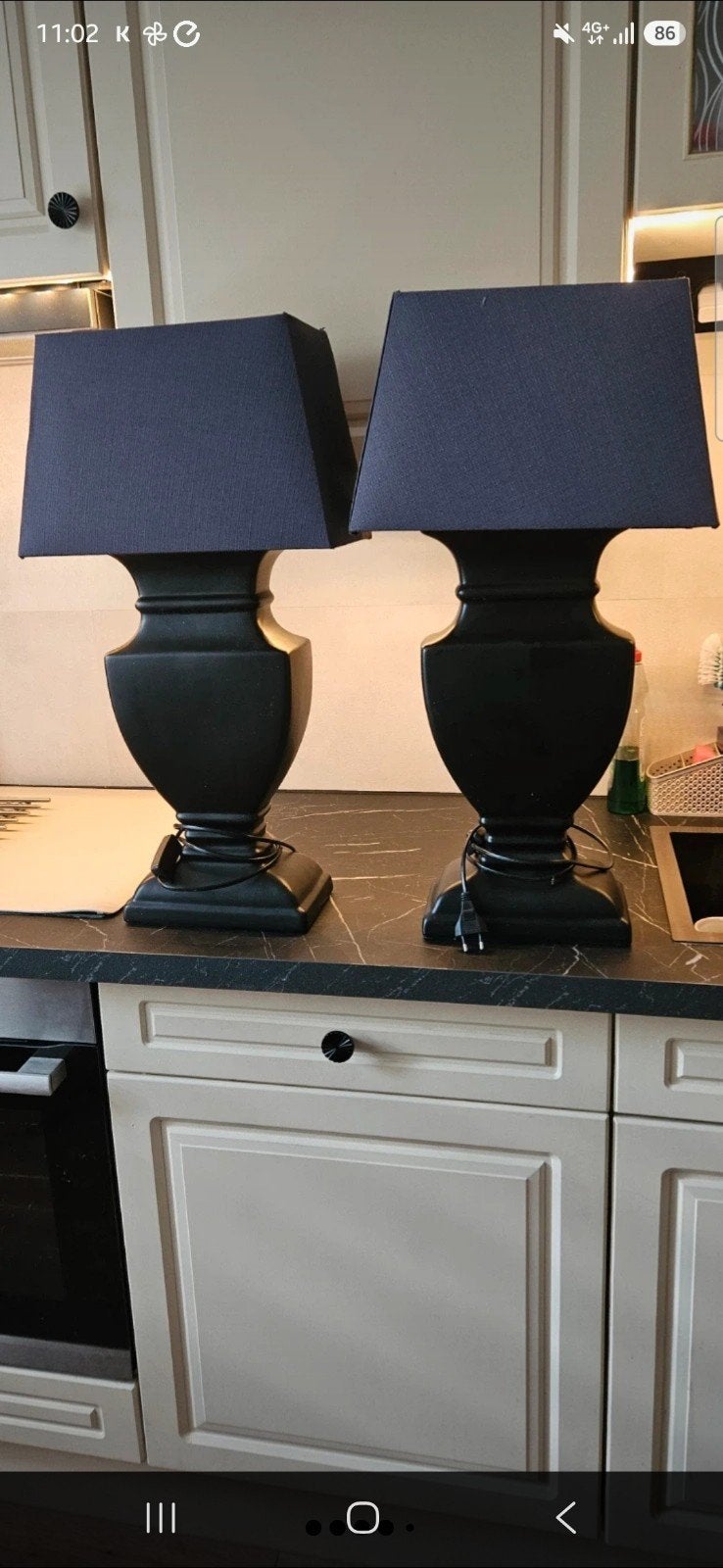 Set van 2 zwarte tafellampen met kappen, Met schakelaar, Gebruikt, Textiel, Ophalen of Verzenden