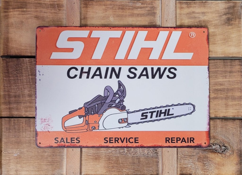 Stihl Kettingzaag logo reclamebord van metaal wandbord deco, Reclamebord, Info@deconoord.nl, Deco Noord, Nieuw