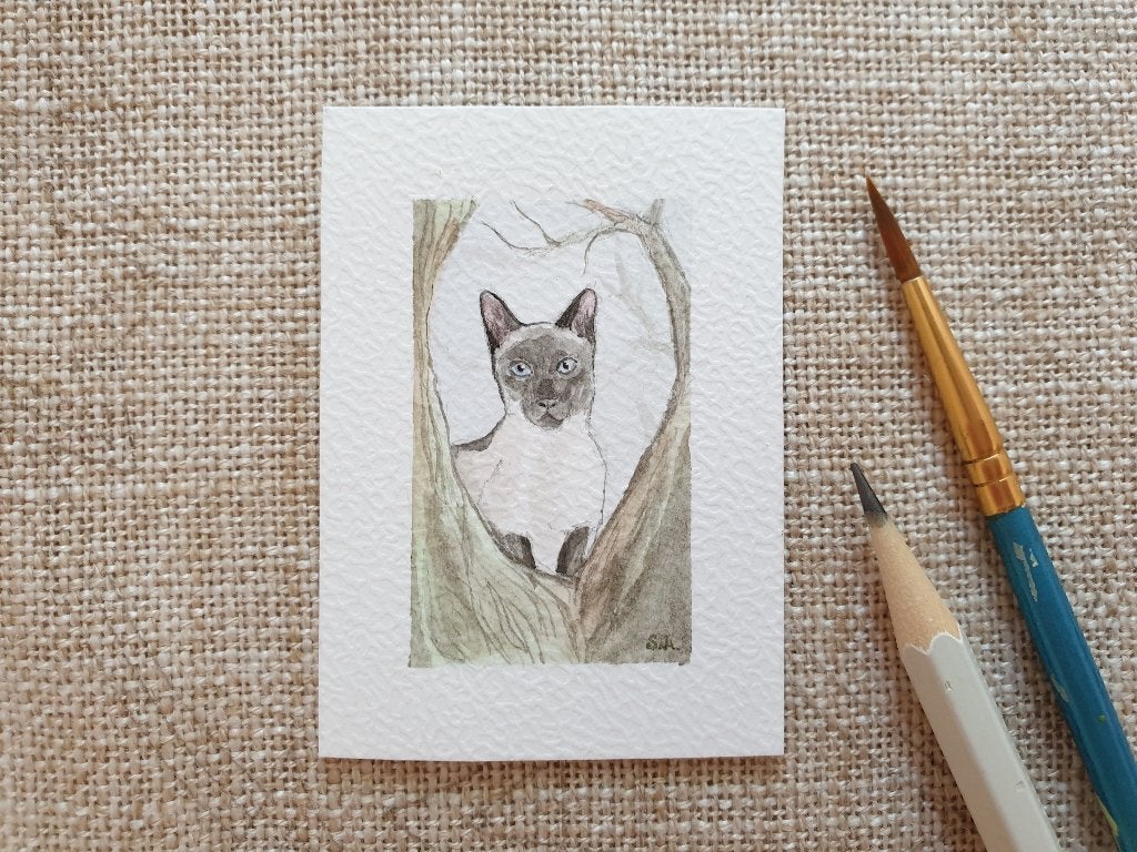 Mini aquarel tekening Siamese kat 7x5 cm dierenportret, Ophalen, Minder dan 50 cm, Nieuw, 5 – 50