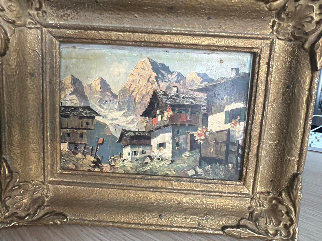 Gesigneerd berglandschap in barokke lijst, Antiek en Kunst, Kunst | Schilderijen | Klassiek, Ophalen of Verzenden
