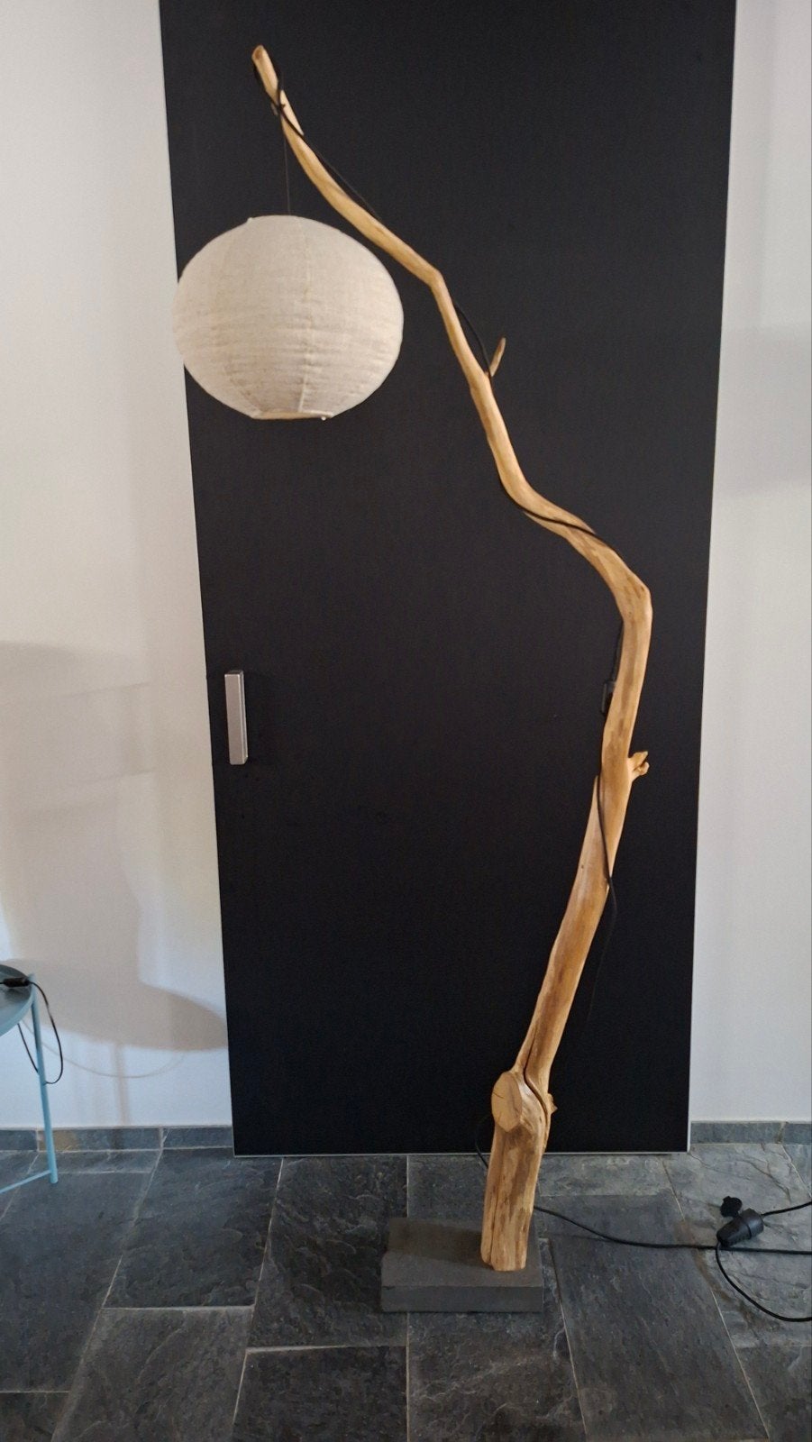 Slanke Eikenhouten Vloerlamp met Stoffen Kap, Ophalen, Modern, Landelijk, Natuurlijk, Zo goed als nieuw, Stof