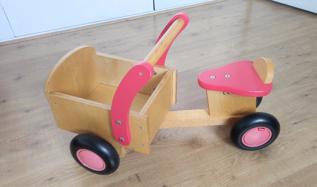 Mooie degelijke houten bakfietsje (loopfiets), Ophalen, Gebruikt, Loopvoertuig