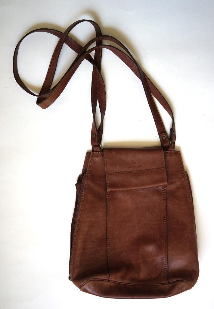 vintage la moda leer schoudertas tas rits design cross body., Overige merken, Gebruikt, Bruin, Ophalen of Verzenden