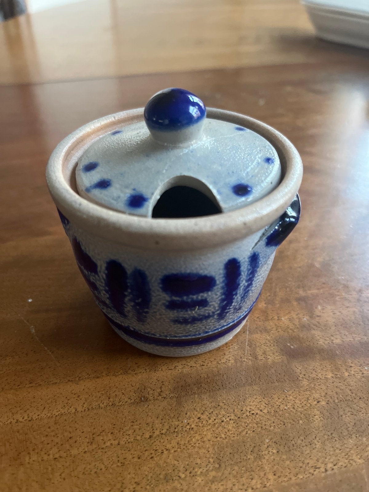 Vintage aardewerk potje met deksel - blauw/grijs, Ophalen