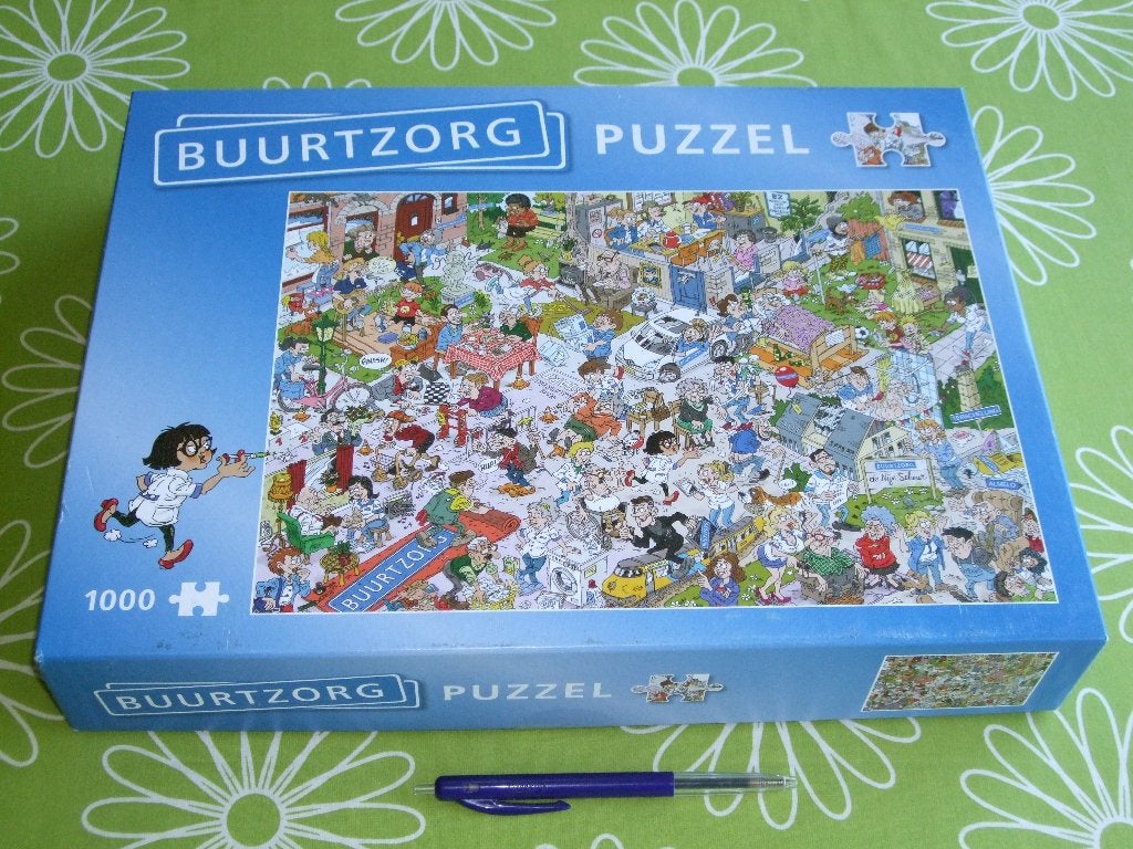 Buurtzorg puzzel cartoonpuzzel met de stukjes nieuw in zak, Hobby en Vrije tijd, Denksport en Puzzels, Ophalen of Verzenden, 500 t/m 1500 stukjes
