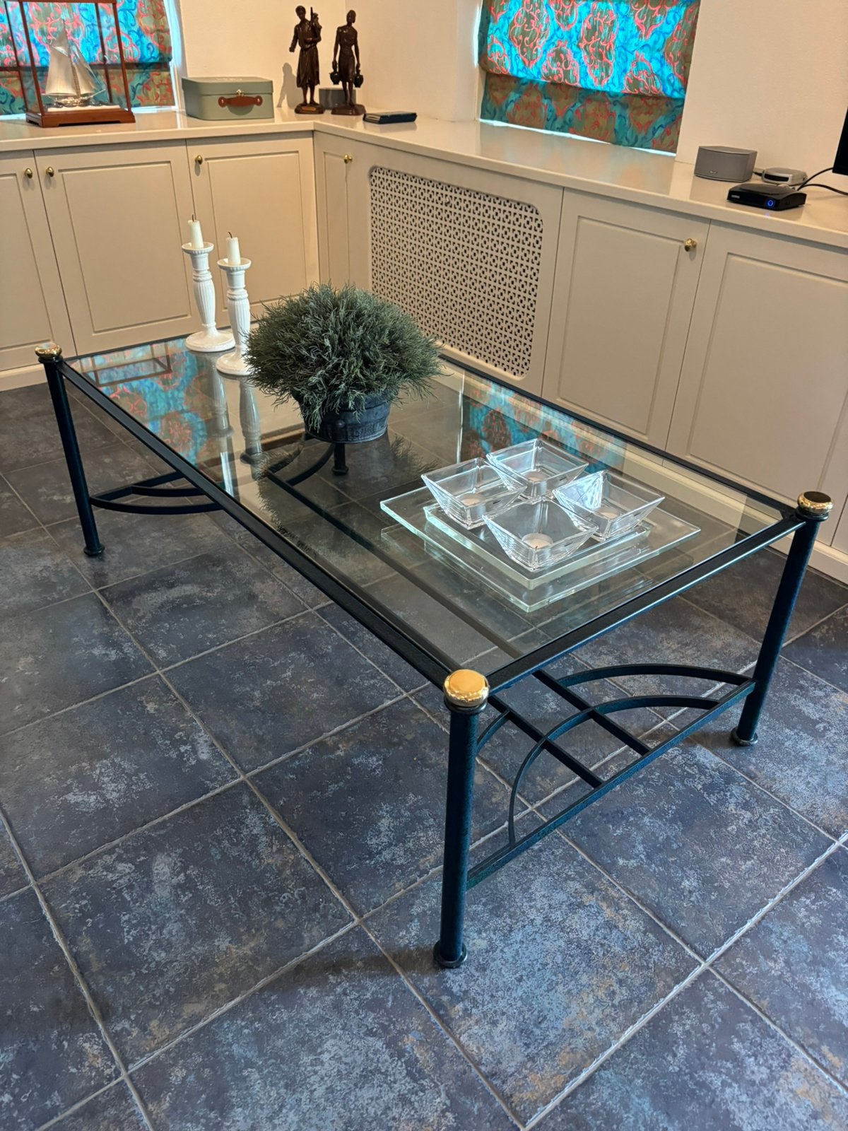 Metalen salontafel/sidetable en bijzettafels, Ophalen, Gebruikt, 100 tot 150 cm, 50 tot 100 cm