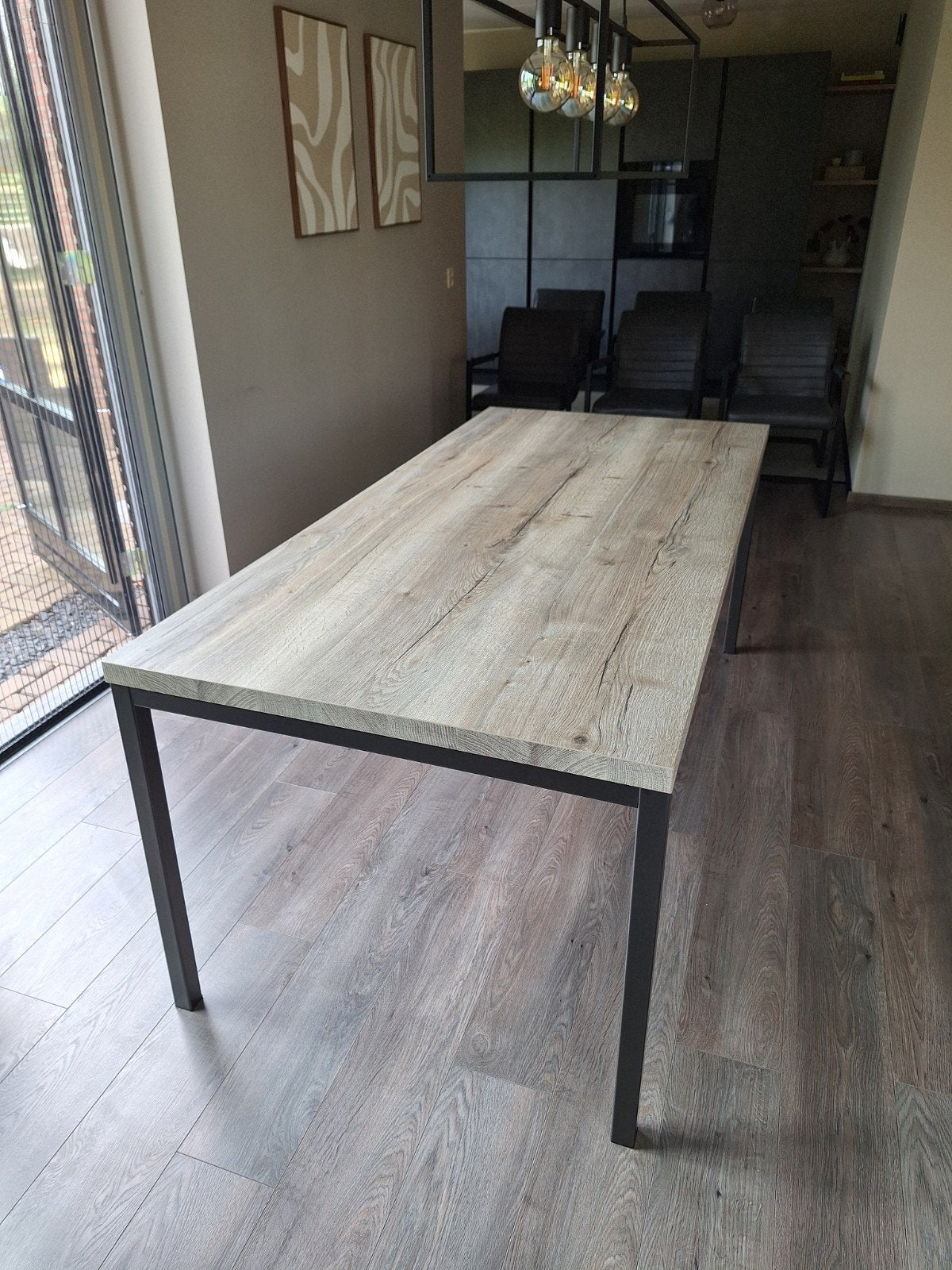Moderne eettafel Pronto Wonen - Houtlook & Zwart Metaal, 50 tot 100 cm, Zo goed als nieuw, Vijf personen of meer, 150 tot 200 cm