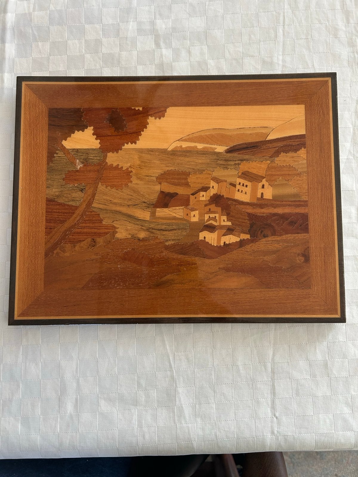 Vintage Houten Inlegwerk Schilderij - Italiaans Landschap, Ophalen