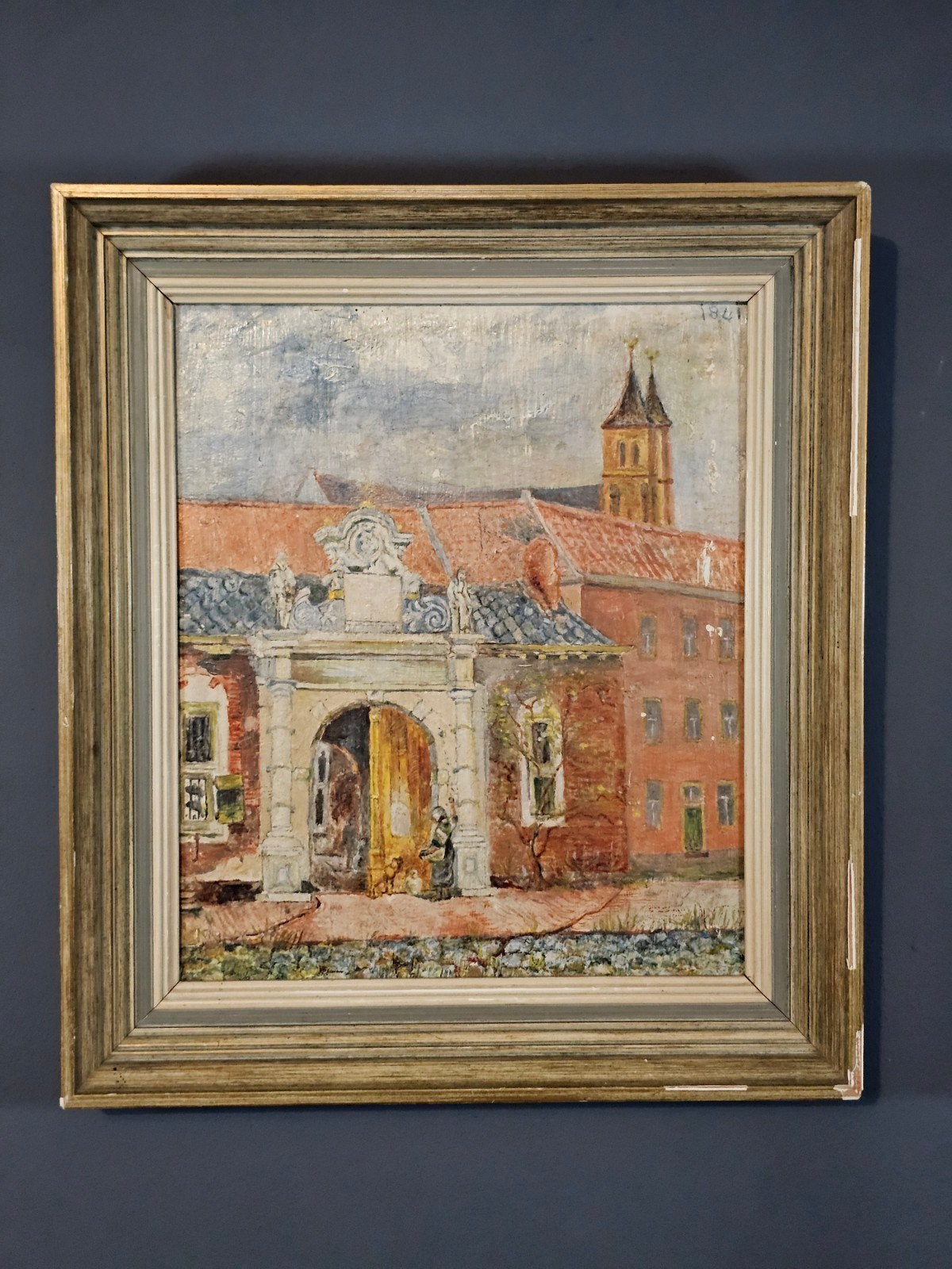 Oud Hollands Stadsgezicht Olieverf Schilderij 35x31 cm, Doek, Oud hollands, Olieverf, Stads- / dorpsgezicht