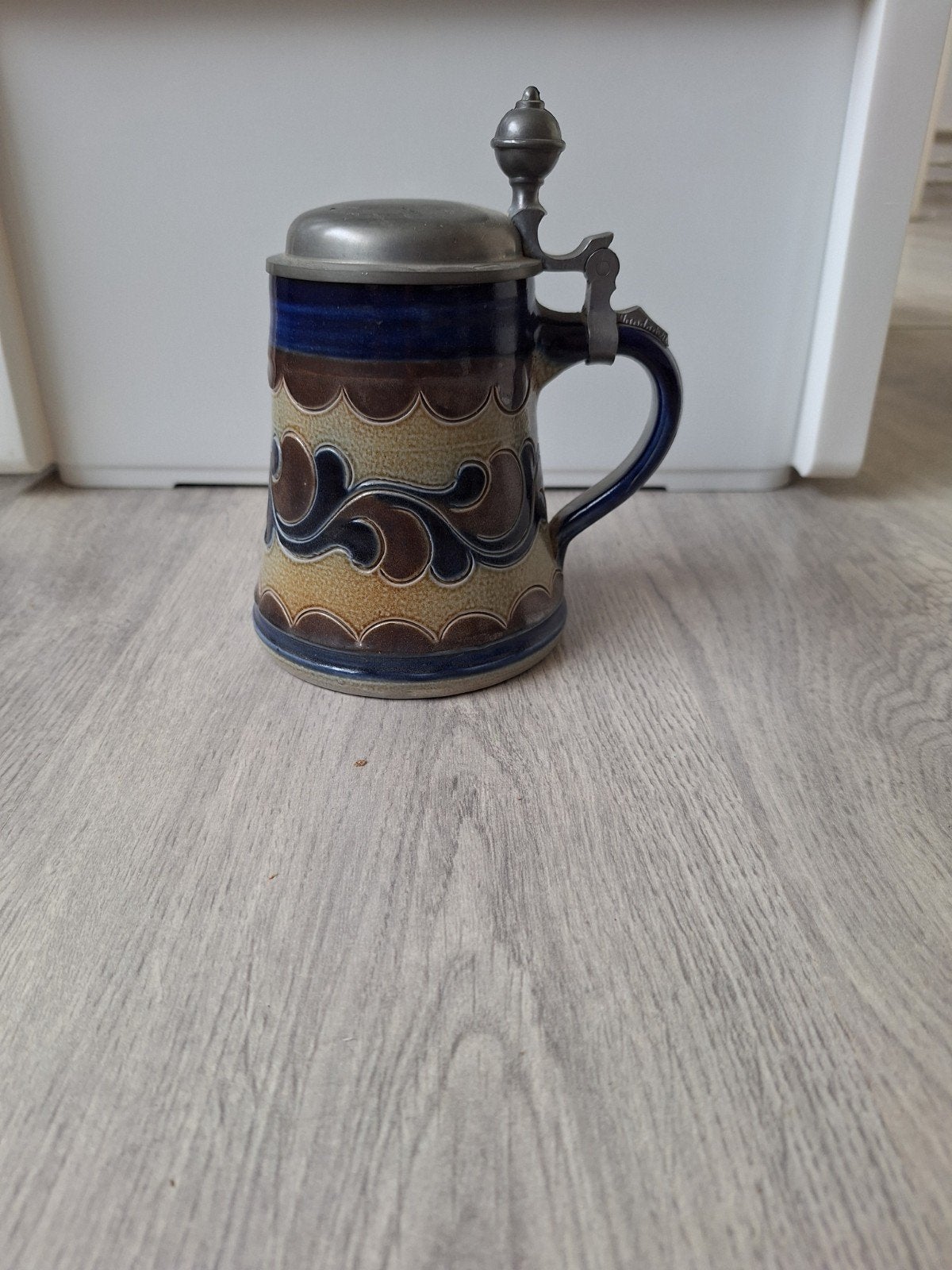 Vintage Bierpul met tinnen deksel - Handgemaakt, Antiek en Kunst, Ophalen of Verzenden
