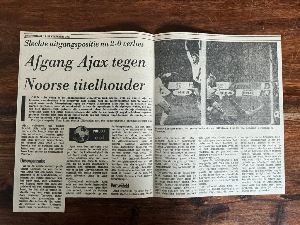 Voetbal krantenartikel zlilleström Ajax september 1977, Ophalen of Verzenden, Knipsel(s)