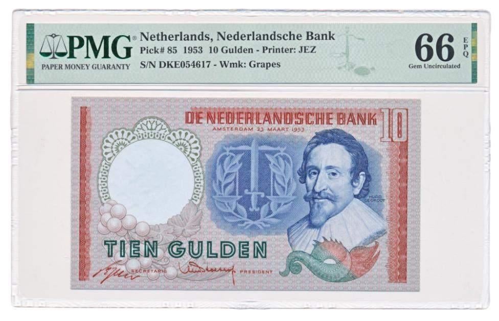 Nederland 10 Gulden 1953 Hugo de Groot PMG66 EPQ, Postzegels en Munten, Bankbiljetten | Nederland, Ophalen of Verzenden, 10 gulden