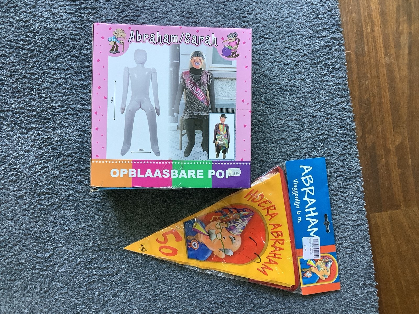 Opblaasbare Abraham/ Sarah pop + vlaggenlijn Abraham 50 jaar, Ophalen of Verzenden, Nieuw, Feestartikel, Abraham of Sarah